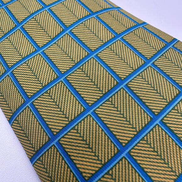HERMES-PARIS 100% Silk Mens Tie Blue & Mustard Abstract - Picture 1 of 5